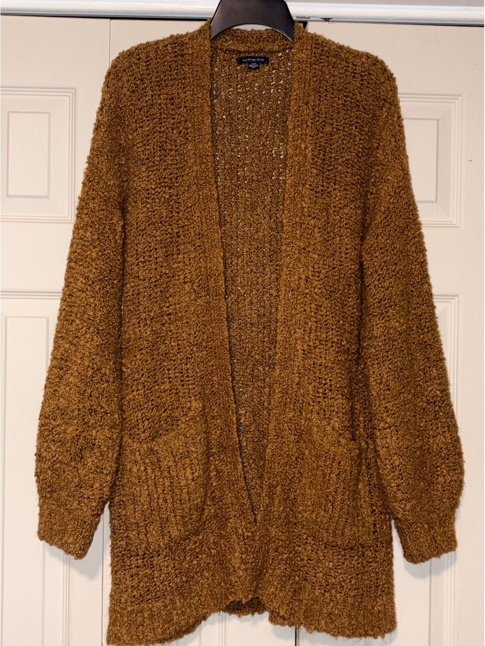 American Eagle Popcorn Knit Cardigan Rust Brown Cozy Open Sweater Pockets Size M